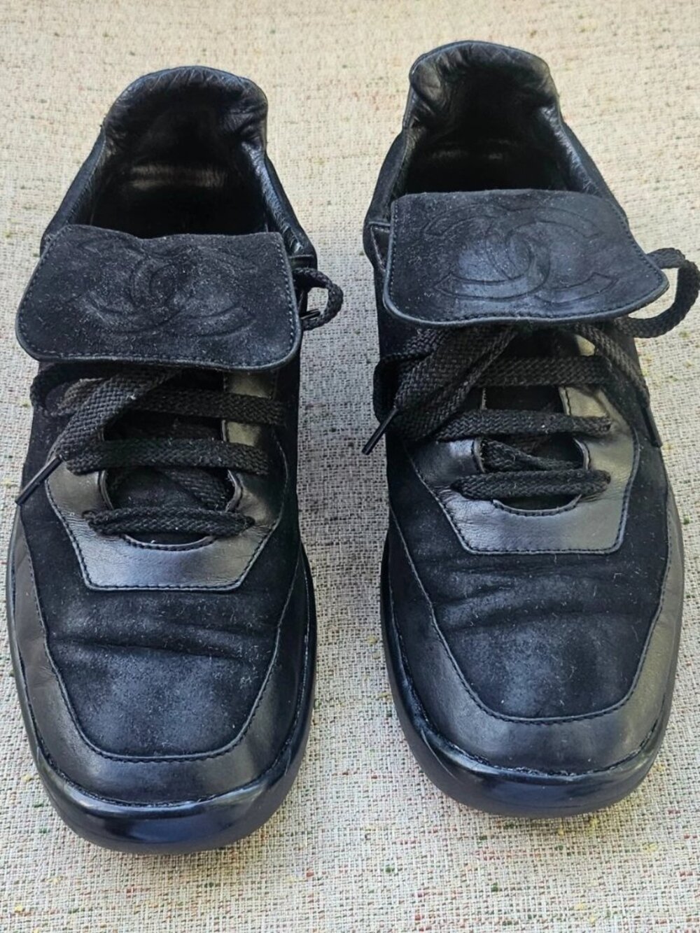Chanel Women Shoes Lace Up Black Suede/Leather CC Logo Sneaker Size 6US AUTH